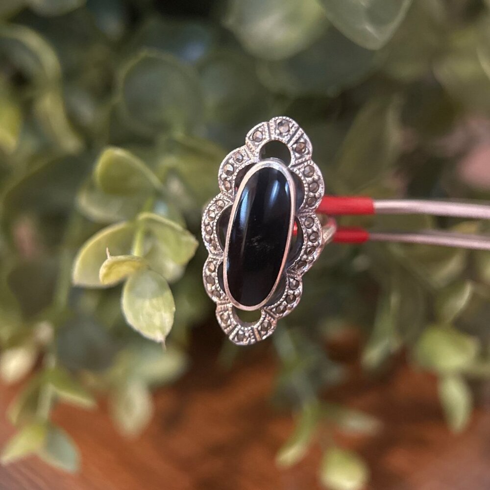 Elongated Onyx/Marcasite Silver 925 Ring View 2